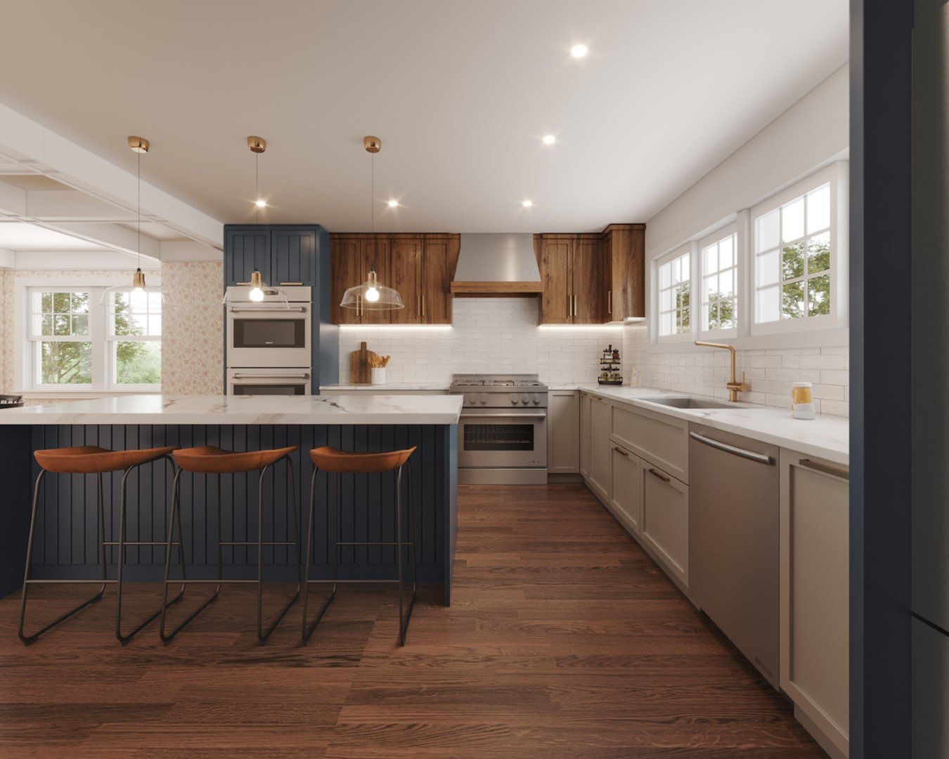 GKC residential addition with natural wood kitchen finishes and garden views